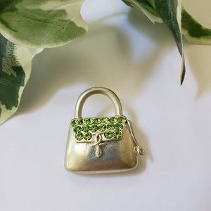 Handbag Pin - Green Rhinestones